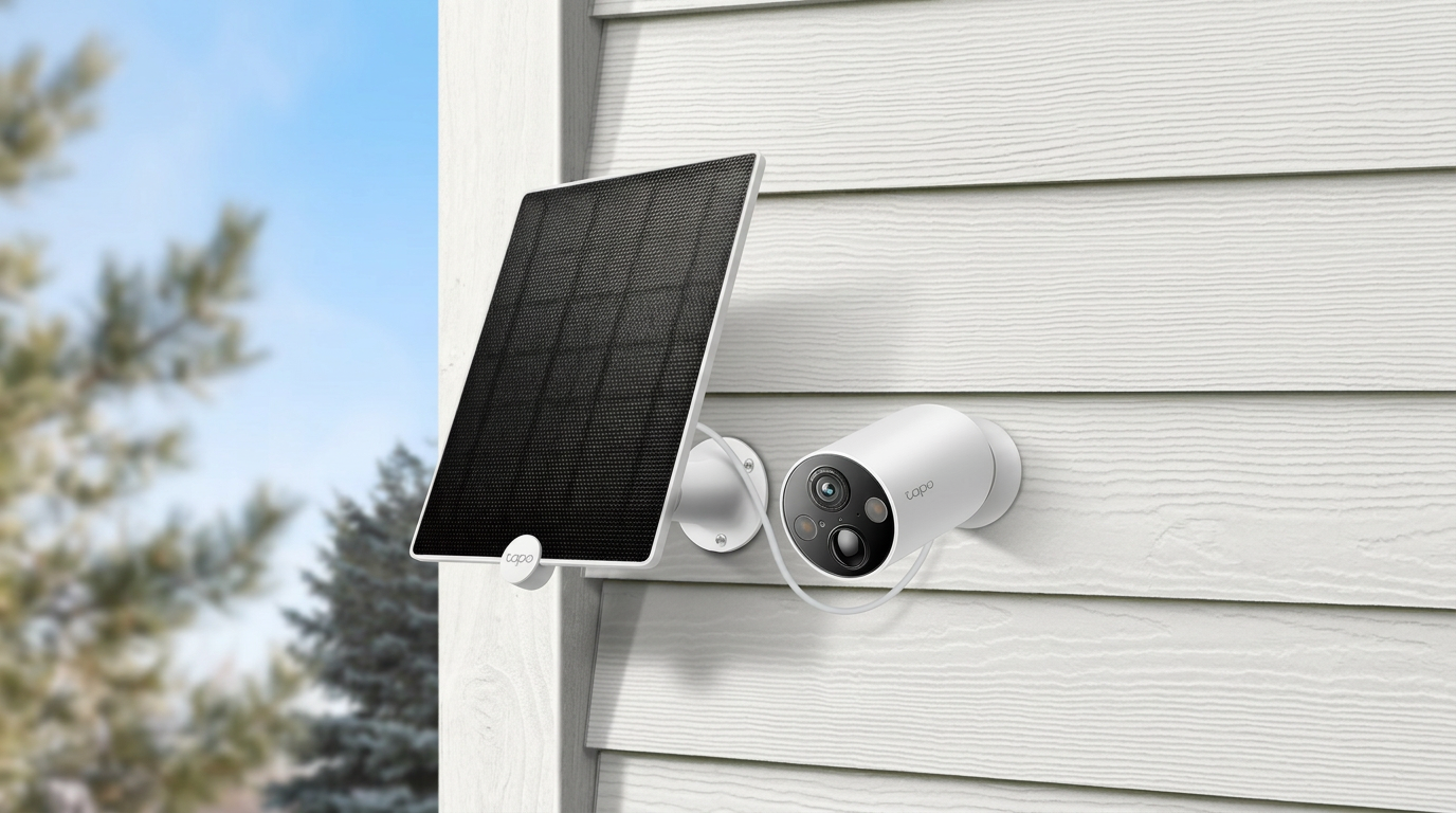 Kamera mit Solarpanel an einer Hauswand montiert